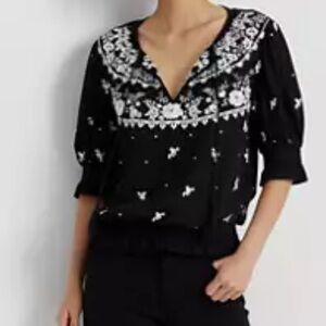 Lauren Ralph Lauren Women’s Top Embroidered Jersey Tie-Neck Sz L Black/White
